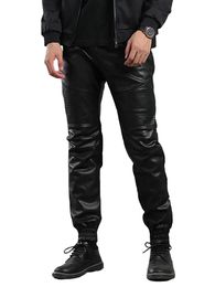 Pants TSINGYI Brand Moto Black Faux Leather Pants Men Joggers Elastic Waist Zipper Pocket Streetwear Slim Fleece Trousers Men Clothing