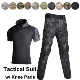 Pantalon uniforme Camouflage Tactical Combat Costume Airsoft Cs War Game Vêtements Short à manches courtes + pantalon avec pads à genoux