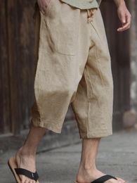 Pantalon Vintage couleur unie ample Midi pantalon hommes décontracté cordon pantalon court 2022 printemps été nouvelle mode vêtements hommes Streetwear