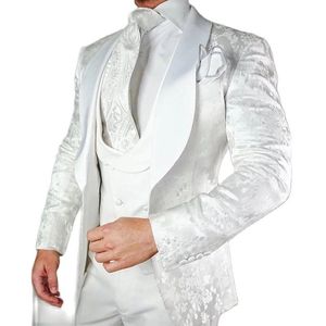 Pantalon blanc smoking de mariage floral pour le marié 3 pièces Slim Fit hommes costumes avec satin châle revers personnalisé mâle mode costume veste gilet