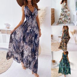 Pantalones de mujer con cuello en V profundo estampado Maxi vestido Vintage Boho con cordones espalda descubierta Aline Vestidos largos Sexy sin mangas vestido de fiesta en la playa Vestidos