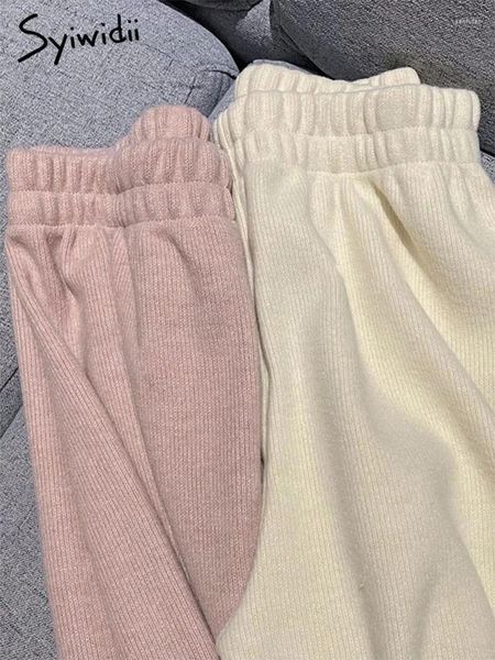 Pantalon féminin Syiwidii laine tricot à large jambe large pour les femmes automne hiver 2024 taille haute épaissisère chaude dames décontractées droit