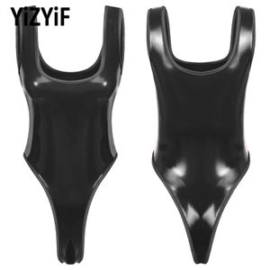 Pantalon femme sexy body une pièce maillot de bain look mouillé body en cuir verni dos nu coupe haute combinaison catsuit sans entrejambe