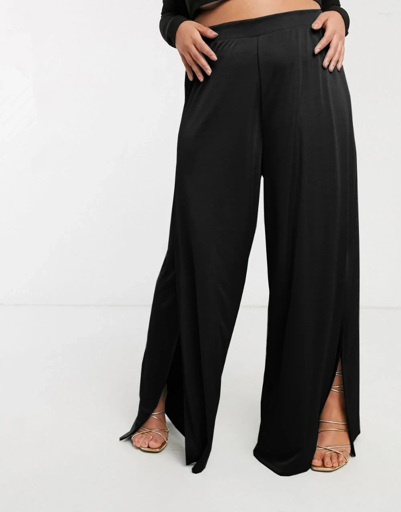 Calça feminino dividido fronting plus size perna larga alta cintura elástica sólida preto modal solto verão primavera elegante casual 6xl