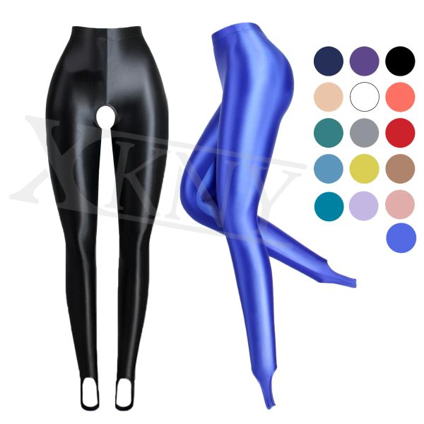 Pantalon xckny Nouveau pantalon d'entrejambe ouvert huile en satin brillant opaque collants humides collants bas sexy bassy pantalon à pédale mince brillant