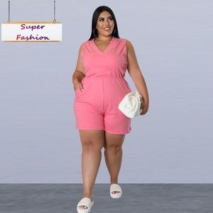 Broek XL4XL Plus Size Jumpsuits Zomer 2022 Vrouwen Kleding Mode Casual V-hals Mouwloos Vrouwelijke Romper Dropshipping Groothandel