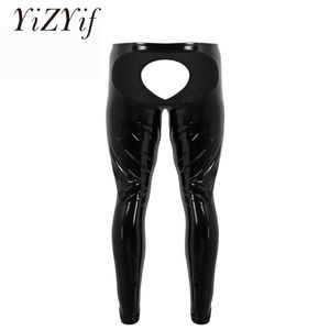 Calças YiZYiF Moda Sexy Mens Lingerie Couro Brilhante Aberto Para Trás e Bolsa Aberta Calça Apertada Slim Fit Leggings Calças Roupa de Dormir