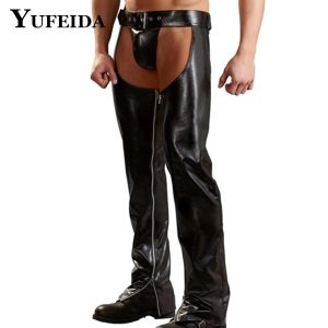 Broek yufida mannen sexy lederen fetisj crotchless pant nachtclub podium cosplay kostuum clubkleding backless paal dans exotic lederen broek