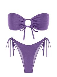 Broek Zaful Vrouwen Sexy Bandeau-badpak Bikini Set Off-shoulder O-ring Voorband Strapless Top en Tie Zijbodem Effen Badmode Schattig