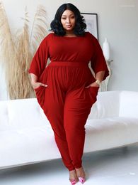 PANK ZJFZML ZZ Women kleding Romper Plus Size Crew Neck Three Quarter Sleeve High Taille Side Pocket Jumpsuit Drop Groothandel