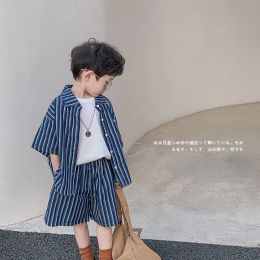 PANKKIRT 2023 Koreaanse zomer Kinderkleding Baby jongens Pak Denim Stripe Tops + Jeans Pants Boy 2pcs Set Casual Outfits Kids Outfit 210y