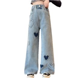 Pantskirt Pantalones de pierna ancha escolares para niñas grandes con diseño de corazón sueltos informales 2023 nueva moda de primavera pantalones vaqueros largos para niños pantalones de estilo coreano