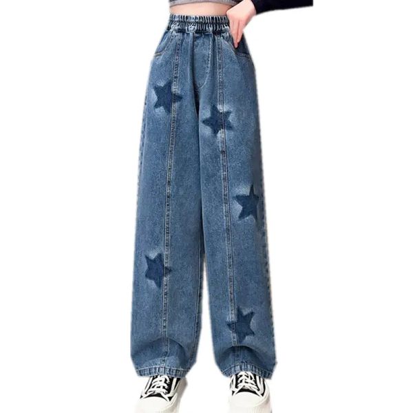 Jupe-pantalon enfants jean à jambes larges printemps 2023 motif géométrique mode adolescent école enfants pantalons décontracté pantalon droit ample pour les filles