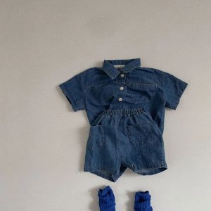 Jupe-pantalon été enfants bébé vêtements ensembles garçons costume Denim chemises + jean décontracté enfants filles hauts Shorts tenues