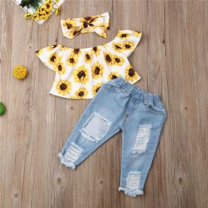 Pantskirt Toddler Kids Baby Girls Clothes Set 3 Piece Off épaule Suowers Top Ripped Jeans Pantal