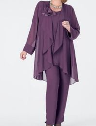 Broekpak moeder van de bruid jurk 2023 druif elegante juweel enkel lengte chiffon mouwloze bloem bruids feestjurk robe de soiree