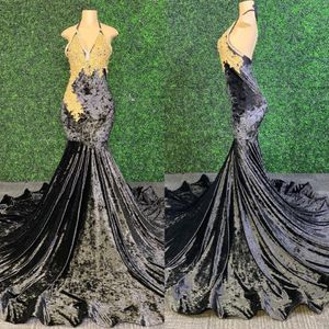 2020 zwart fluwelen zeemeermin lange prom jurken sexy backless met gouden appliques hoge kwaliteit Afrikaanse zwarte meisje prom dress