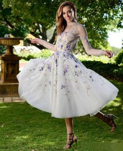 Elegante prom jurken illusie sheer nek lange mouw paars 3D-applique korte avondjurk sexy backless custom made knie lengte formele slijtage