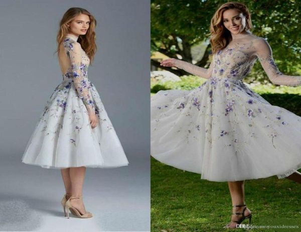 Paolo Sebastian 2018 Vestido de fiesta Ilusión Cuello transparente Manga larga Púrpura Apliques 3D Longitud del té Vestidos de fiesta Noche sin espalda sexy G8693283