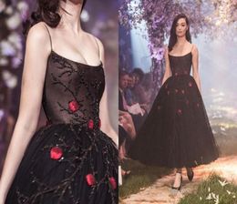 Paolo Sebastian 2020 nouvelles robes de soirée perles noires bretelles spaghetti robes de bal avec des fleurs rouges longueur cheville occasion spéciale D7282209