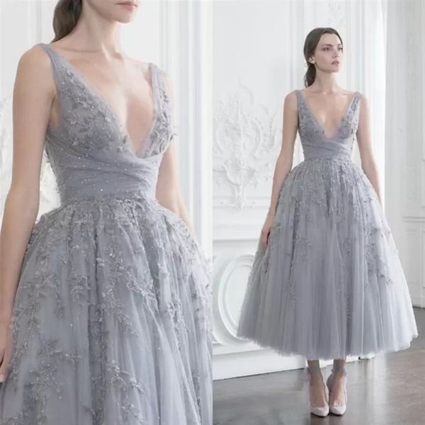 Paolo Sebastian Vestidos de baile Apliques de encaje Rhinestones Una línea Vestidos de noche largos de té Vestido de fiesta de cóctel con cuello en V por encargo