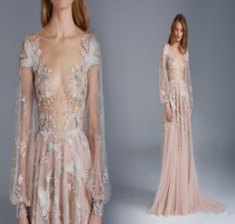 Paolo Sebastian Robes de bal sexy voir à travers des manches longues une ligne en tulle fleur appliques robe formelle robe de célébrité pour le rouge3508545