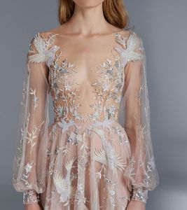 Paolo Sebastian Robes De Bal Sexy Voir À Travers Manches Longues Une Ligne Tulle Fleur Oiseau Appliques Robe Formelle Robe De Célébrité Pour Red2311