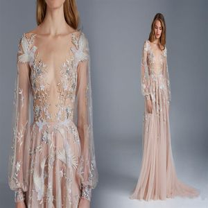 Paolo Sebastian Robes De Bal Sexy Voir À Travers Manches Longues Une Ligne Tulle Fleur Oiseau Appliques Robe Formelle Robe De Célébrité Pour Red271Q