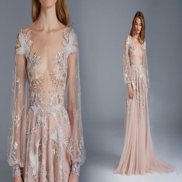 Paolo Sebastian Robes de bal sexy voir à travers des manches longues une ligne en tulle fleur appliques robe formelle robe de célébrité pour le rouge carp 272o