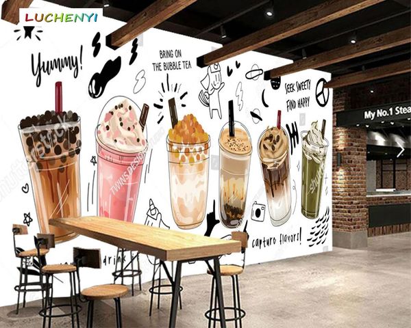 Papel de pared personalizado encantador té de burbujas Papel tapiz 3d mural restaurante cafetería tienda de jugos comedor papeles tapiz adhesivo 240122