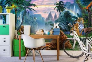 Papel de Parede Naadloze grootschalige Muurschildering 3D Custom Foto Muurschildering Behang Groene Bos Regenboog Lotus Vijver Grass Tiger Dier Kinderen Muur