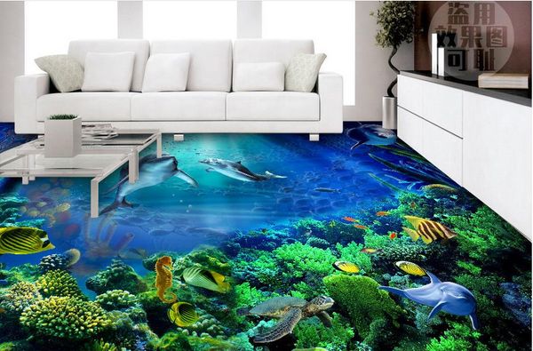 Papel de parede monde sous-marin hublot dauphin 3D sol peint en trois dimensions papier peint auto-adhésif