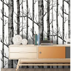 PAPEL TAPIZ 3D AUTOADHESTIVO DE BOSQUE DE ABEDUL PARA SALA DE Estar, Pegatina de Pared de Dormitorio, Vinilo de Contacto, Mural de Madera Blanco Y Negro, 6m x 45cm