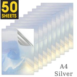 Papier 50 feuilles Pet Silver Auto Adhesive Sticker Papier autocollant en vinyle imprimable pour imprimante à jet d'encre 210 mm x 297 mm Papier d'impression étiquette de bricolage
