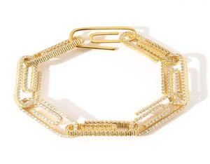 Joyería de cadena de clip de papel personalizado 14k Gold Real Circon Circon Paperclip Rectangle Link Pulsera de 10 mm Hombre helado CZ Strands83335428