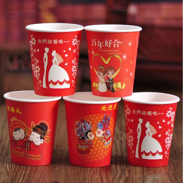 Gobelets jetables en papier Happy Double Cup Vaisselle Red Bride and Groom Using Cup Wedding Decoration