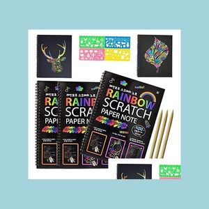 Produits en papier Livre d'art à gratter magique Cahier arc-en-ciel avec stylet en bois Tableaux de notes pour enfants Fête de Noël Cadeau de jeu d'anniversaire 10.3X Dhdvx