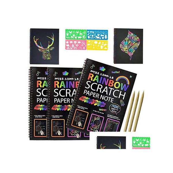 Produits en papier Magic Scratch Art Book Rainbow Notebook avec stylet en bois Enfants Notes Boards Fête de Noël Anniversaire Jeu Cadeau 10.3X Dhxbo