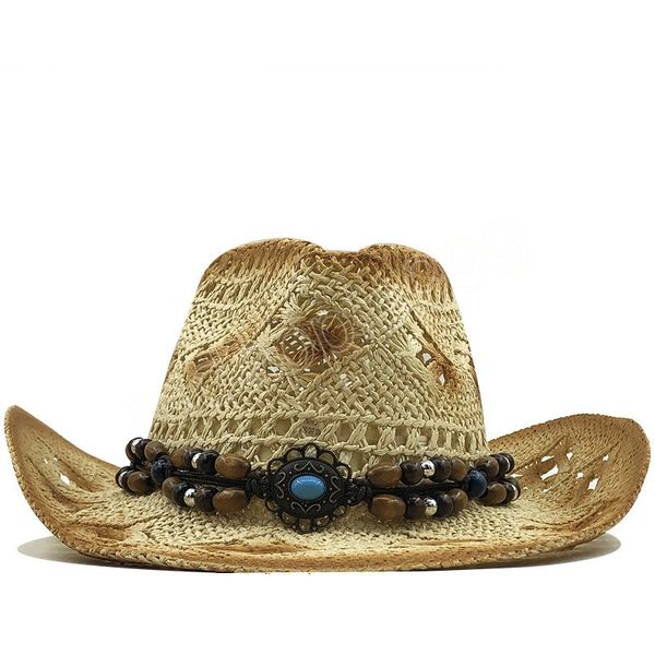 Papier paille peinture en aérosol Cowboy chapeaux femmes hommes à la main tissage Outdoo plage casquette été creux Protection solaire chapeau