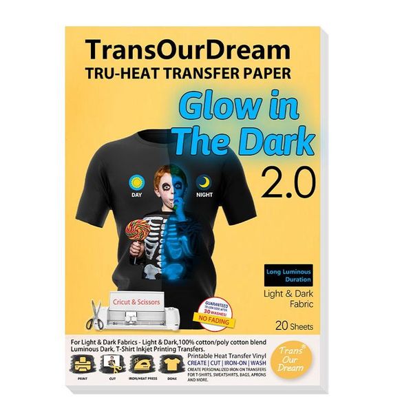 Paper Transourdream A4 12 hojas que brilla en la oscuridad 2.0 Azul de hierro en papel de transferencia de calor para telas oscuras de las camisetas de tinta