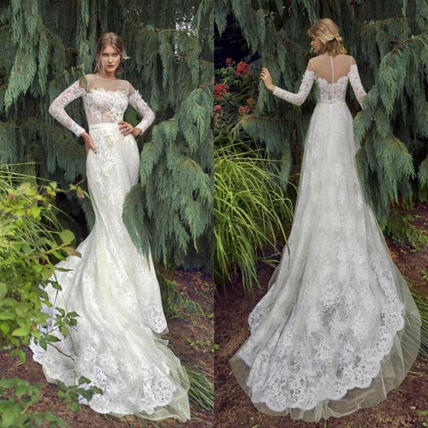 Papilio Modeste Robes De Mariée Une Ligne Jewel Neck Balayage Train À Manches Longues Bohème Pays Robe De Mariée Sur Mesure Jardin Robes De Mari￩e