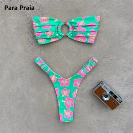 Para Praia Print Bandeau Badpak Sexy Thong Badmode Vrouwen Braziliaanse Bikini Set Strapless Biquini Beachwear Badpak 240109