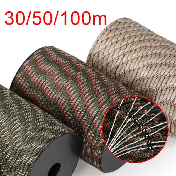 Paracord 9 Core 550 Military Standard Paracord 4mm 30/50 / 100m Parachute Outdoor Corde de survie Tableau de tente Lanyard Équipement de survie