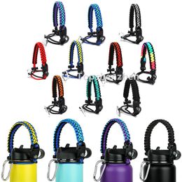 Paracord handvat met kompas / carabiner past brede mond fles thermo fles 12 oz tot 64 oz herbruikbare sportflessen handvatten overlevingskoord met veiligheid ring 10 kleuren