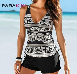 Parakini Swimwear en deux pièces Femmes Plus taille Tankini Suite avec un short V Col Tankinis Set Swim Wear Black Print Bathing Suit6961686