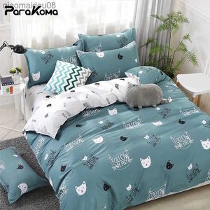 PARAKOMA Home Textile Cyan Mignon Chat Kitty Housse de Couette Drap de Lit Garçon Enfant Adolescente Literie Couvre Ensemble King Queen Twin L230704