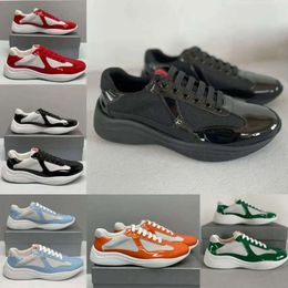 Zapatos de diseñador de zapatos Parda Men América Copa Fashion Sneakers Trainer de cuero Patente Flat Black Blue Mesh Nylon Zapatos casuales con talla de caja 36/37/38/39/40/41/42 447