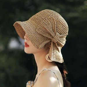 Parent-enfant 100% raphia Bow chapeau de soleil à large bord disquette chapeaux d'été pour femmes plage Panama paille dôme seau chapeau Femme ombre chapeau G220301
