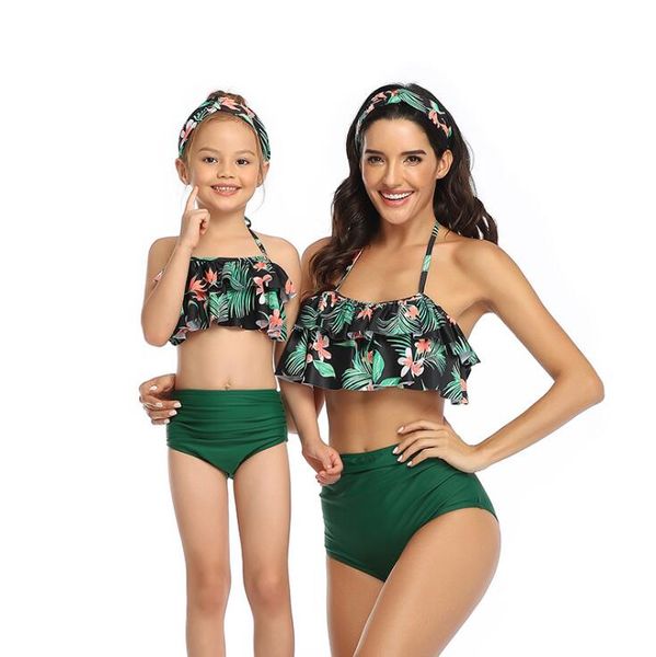 Parent-enfant maillot de bain imprimé maillot de bain taille haute bikini deux pièces falbala enfants femmes mode maillots de bain wmq849