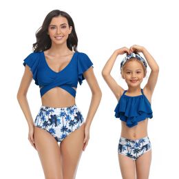 Ouderkind zwemkleding moeder en dochter zwempak slanke split geprinte hoge taille bikini met gegolfde randen zz